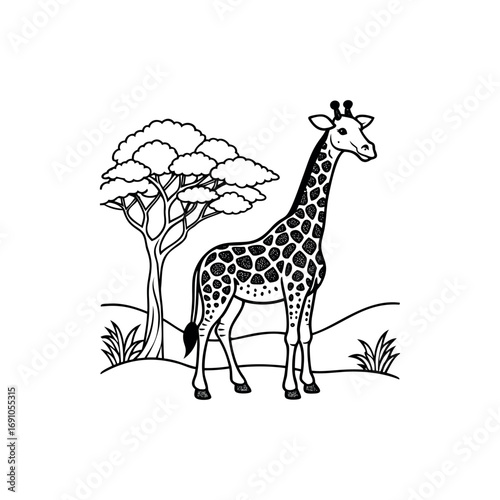 Stylized giraffe standing near a tree on a grassy plain illustration silhouette vector