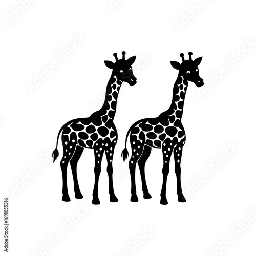 Silhouette of two giraffes with iconic patterned coats in black and white vector art