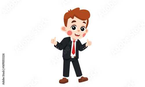 Adorable cartoon boy dressed in a formal business suit giving two thumbs up. A happy young character illustration showing success and positivity
