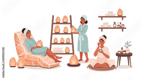 Serene spa scene featuring women enjoying relaxation treatments with himalayan salt lamps and skincare in a tranquil wellness environment