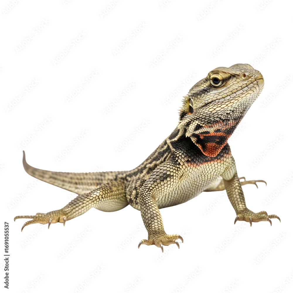 Naklejka premium Close-up studio shot of a brown and grey lizard with a reddish throat patch, looking up, isolated on a white background.