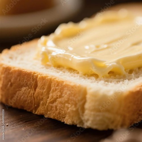 A perfect slice of soft white bread with a smooth layer of butter, a classic and simple morning meal on a wooden surface