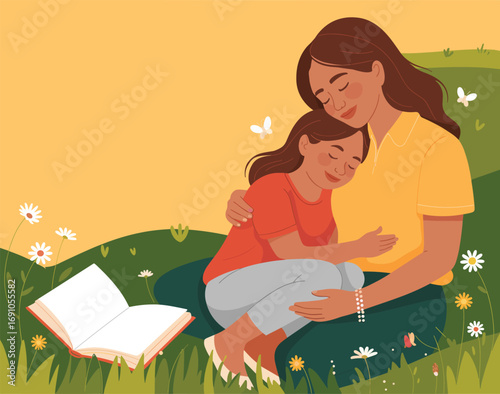 A tender illustration of a mother and daughter sharing a loving hug in a sunny meadow
