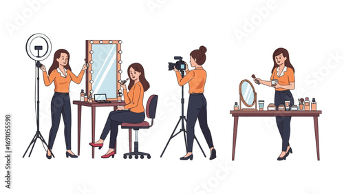 Young woman applying makeup and filming tutorial with ring light and camera for beauty content creation online