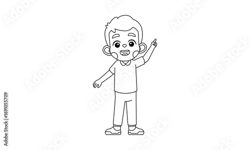 Line drawing of a happy boy pointing upwards.