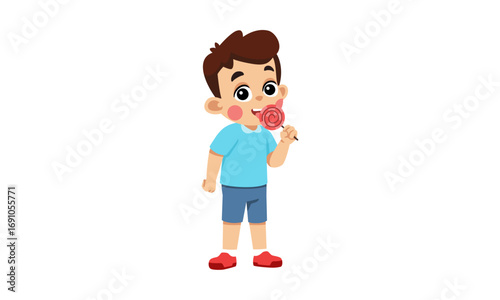 A cute cartoon boy in a blue shirt and shorts standing while happily licking a sweet red lollipop.