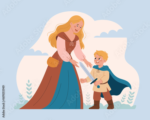 Fairy tale scene of a loving mother giving her son his first sword
