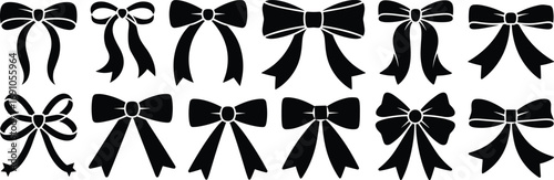 Elegant ribbon bow silhouettes collection, decorative gift bows, festive vector design, black tied ribbons for celebration, wedding, holiday, fashion, ornament illustration