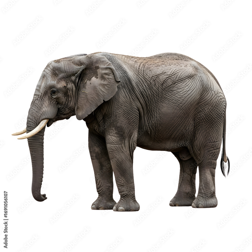 Obraz premium A full-body side profile of a majestic African elephant with ivory tusks, thick grey wrinkled skin, and large ears, standing isolated on a white background.