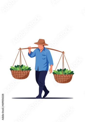 A farmer carrying two baskets of fresh produce on a wooden yoke