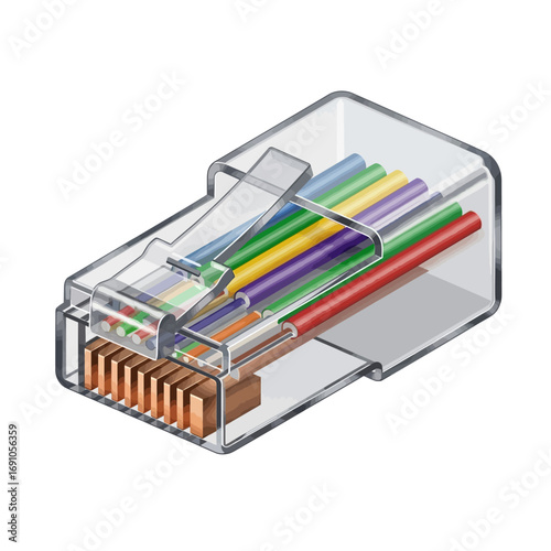 Detailed Isometric Cutaway Illustration of RJ45 Ethernet Connector with Transparent Housing Revealing Internal Colored Wires and Copper Contacts, Networking Cable Component on White Background, Flat