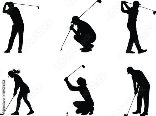 Golf player silhouettes in action poses, men and women playing golf, swinging, putting, preparing shots, vector illustration for sports, fitness, competition design