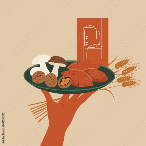 Harvest Produce Tray with Mushrooms Sweet Potatoes and Walnuts