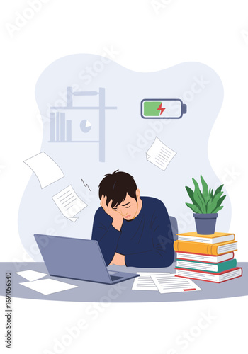 Young student overwhelmed by studies feeling exhausted and drained with low battery icon overhead