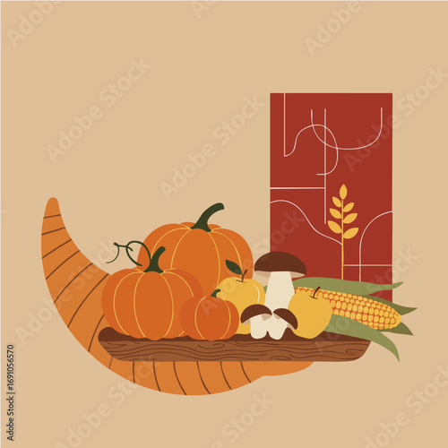Bountiful Autumn Cornucopia with Pumpkins Apples Mushrooms and Corn