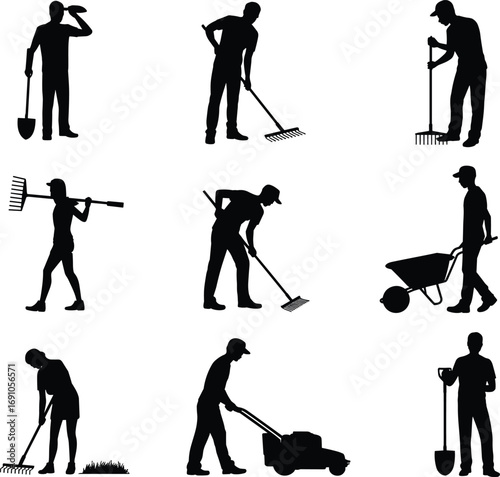 Gardener silhouettes working, people with tools, man mowing lawn, woman raking leaves, wheelbarrow pushing, garden maintenance, outdoor landscaping, farming labor, yard work vector illustration