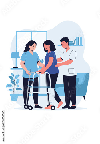 Healthcare providers assist patient using a walker for rehabilitation and mobility support