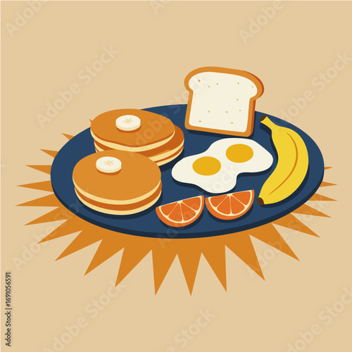 Hearty Breakfast Plate with Pancakes Eggs Toast Fruit Illustration