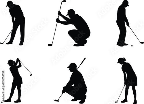 Golf player silhouettes in action poses, men and women practicing swings, putting, and preparing shots, vector illustration for sports design, artwork, decoration
