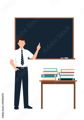 Teacher with chalk and books standing near a blackboard ready to teach a lesson