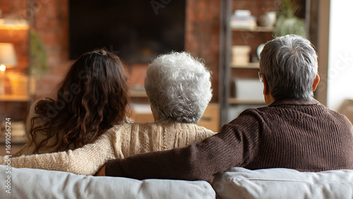 Three people, multi-generational family, watching TV from behind, embracing on a sofa