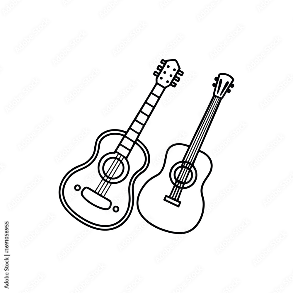 Fototapeta premium Line Art Illustration of Two Acoustic Guitars, Musical Instruments Design silhouette vector