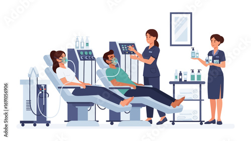 Two patients relax in reclining chairs while medical professionals discuss treatment options and review charts in a modern clinic setting