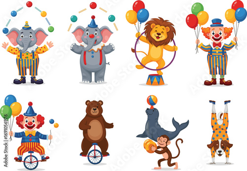 Colorful circus vector set featuring animals, clowns, and performers in playful costumes with juggling, unicycle, and balancing acts for kids illustrations