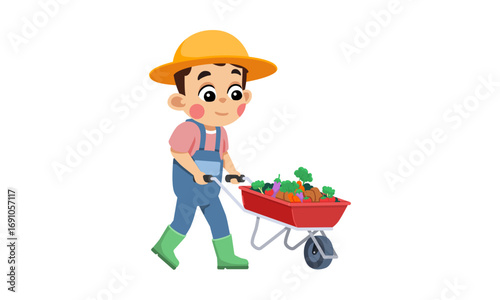 A young boy farmer carries freshly harvested vegetables in a wheelbarrow.