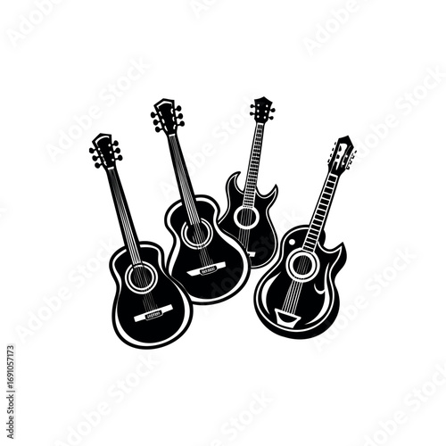 A quartet of stringed instruments presented in stark black and white illustration silhouette vector