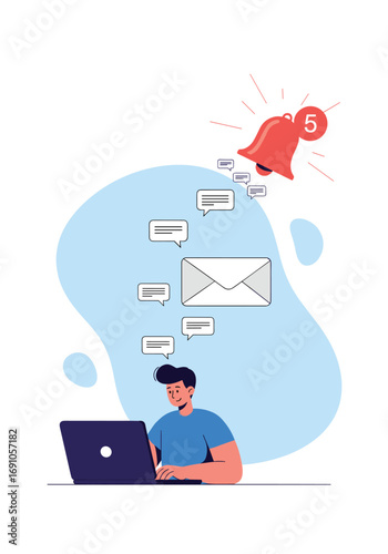 Young person working on laptop receiving numerous notifications and messages digitally