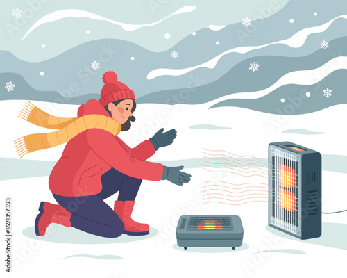 Woman warming up by a heater outdoors in snowy weather Flat vector illustration
