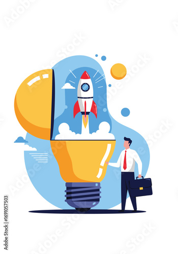 Rocket launching from open light bulb concept innovation startup business growth success new ideas