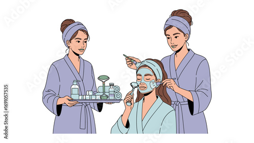 Two women in bathrobes and headbands apply a facial mask to a third woman receiving spa treatment with beauty products on a tray