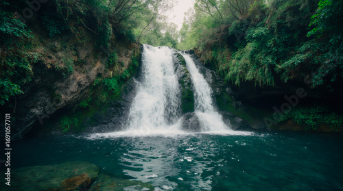 Lush Waterfall and Lake Photo with Green Surroundings for Clean Water Branding Campaigns
