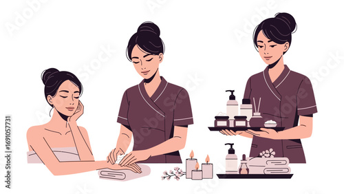 Skilled beautician performing facial treatment on a relaxed woman while another offers a tray of spa products and skincare bottles