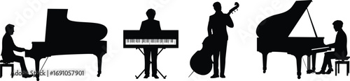Musician silhouettes playing piano, keyboard, double bass, grand piano vector illustration, jazz band performance design, music concert elements, orchestra instrumental artwork