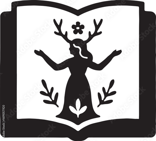 Folkloric legend book icon silhouette with cultural heritage, mythical stories, and traditional art.