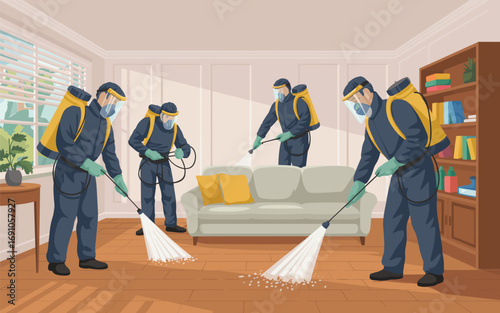 Vector illustration of a professional pest control service sanitizing a home interior