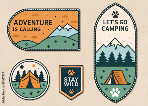Collection of adventure and camping themed badges featuring tents mountains and nature elements design