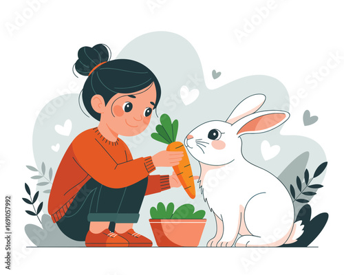 Girl feeds carrot to rabbit, simple design for kids illustrations