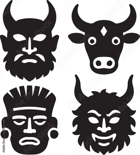 Folkloric mask set icon silhouette with traditional cultural art, tribal heritage, and mystic design.