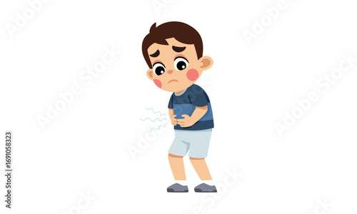 A cartoon illustration of a young boy experiencing a stomach ache, holding his belly with a pained expression.