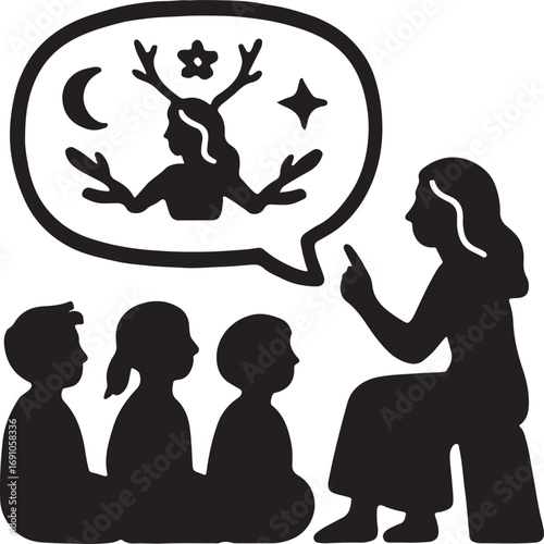 Folklore storytelling session icon silhouette with cultural tales, traditional heritage, and art.