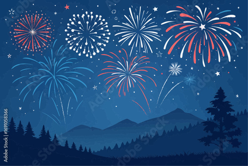 Fireworks display over a mountainous landscape with trees and a dark blue night sky with stars above it