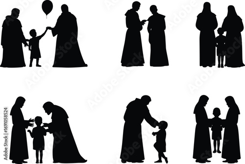 Religious people silhouettes with children, priest and nun vector illustration, spiritual family moments, catholic faith figures, parenting care, black shadow icons for design