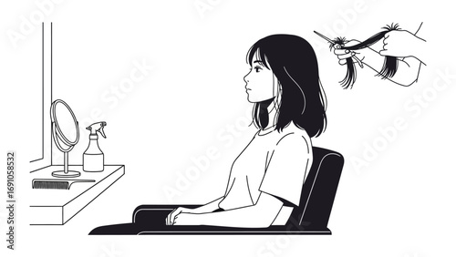 Young woman with long dark hair sitting in a salon chair patiently waiting for a haircut with scissors held above her head