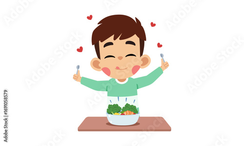 A boy happily eating a healthy vegetable salad, with hearts floating around him.