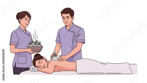 Two therapists performing cupping therapy on a smiling woman lying on a massage table promoting relaxation and healing