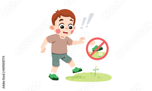 A cartoon boy with a surprised expression avoids stepping on a small flower, with a 'do not step on the grass' sign nearby.